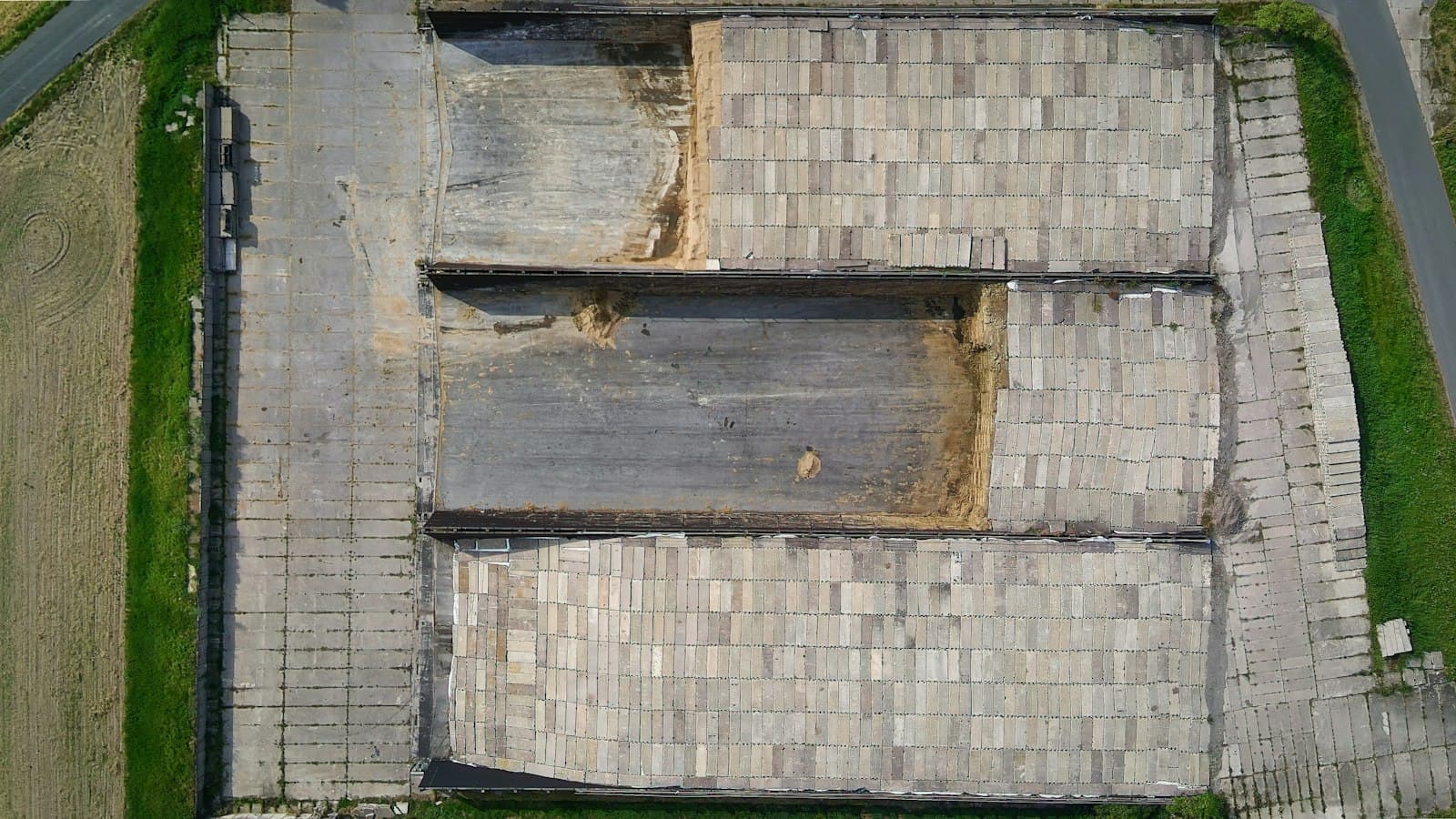 Overhead view of a roof showing sections in differing condition